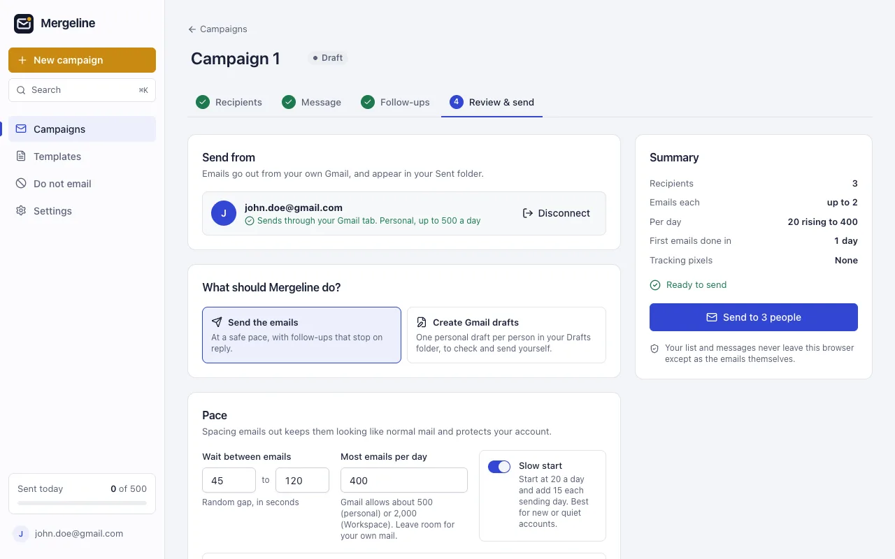 Mergeline review and send step: sending from your Gmail with random gaps, a daily cap and slow start turned on